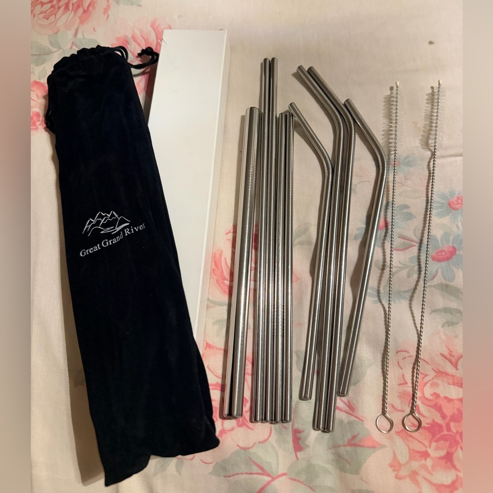 GREAT GRAND RIVER Stainless Steel Metal Straws Set Of 9 W/ Box Pouch & Brush NEW